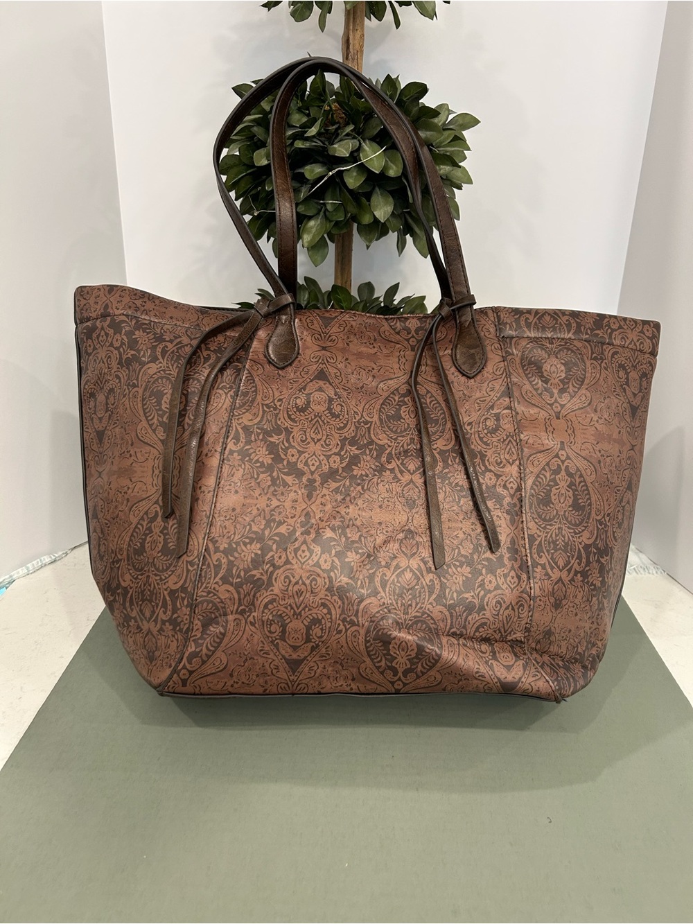 Brown Embossed Faux Leather Tote Bag